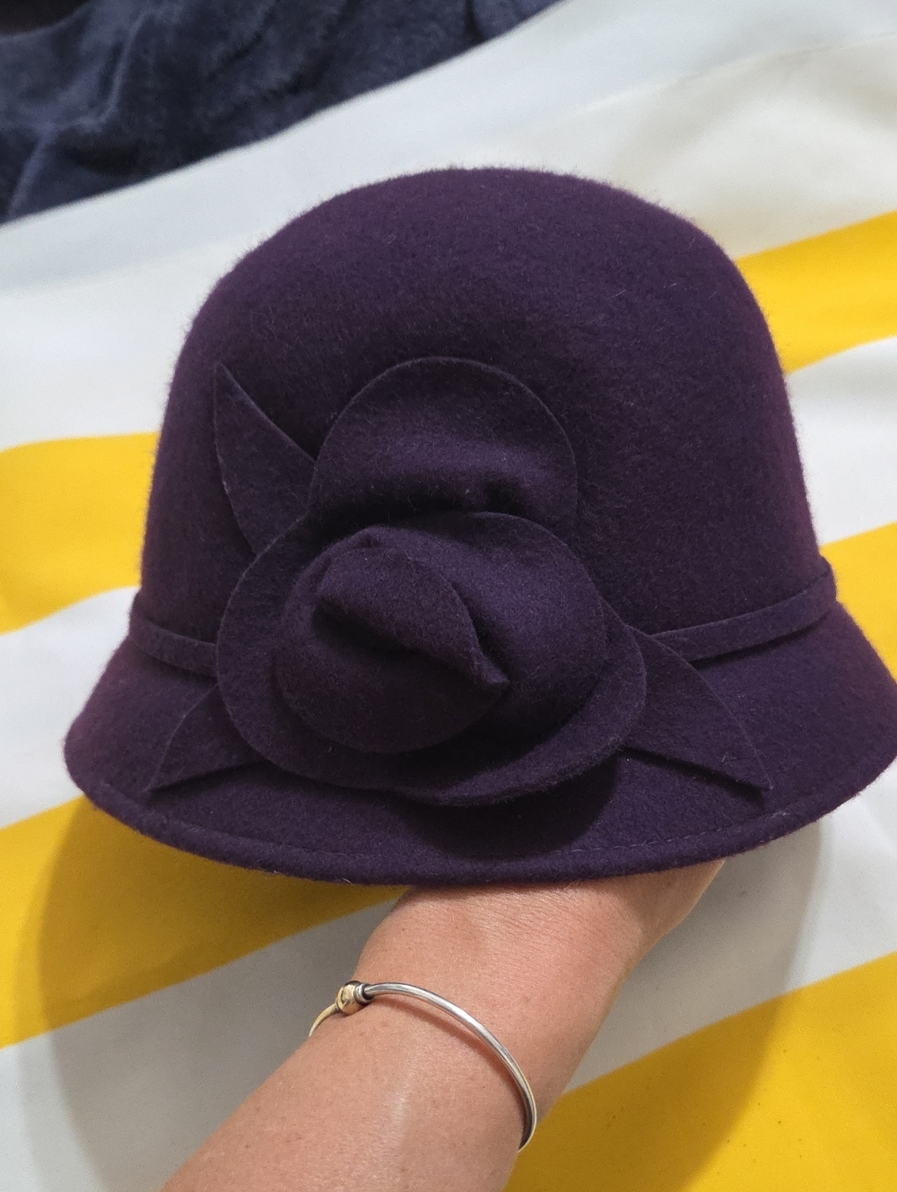 Women's Purple Felt Cloche Hat with Floral Accent 100% Wool